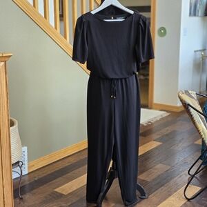 Lauren Ralph Lauren Women Sz L Black Romper Jumper Crew Neck Pleated Sleeve